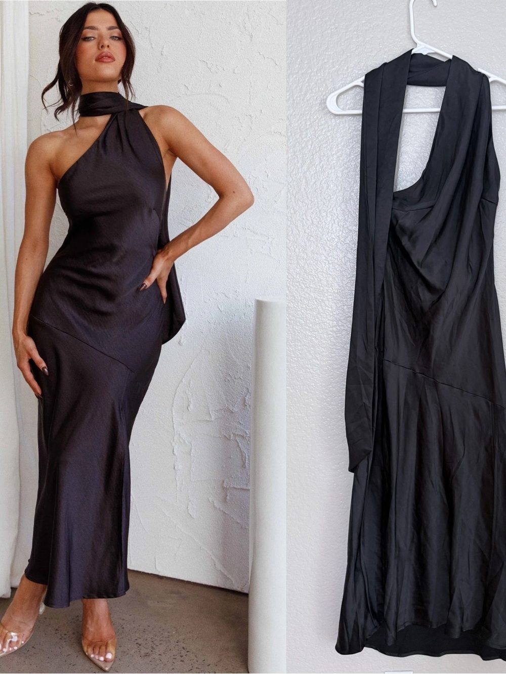 Selfie Leslie Italian Summer Tie Neck Black Satin Midi Dress